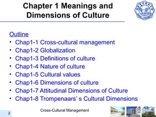 Chapter 1 Meanings and
     Dimensions of Culture

Outline
• Chap1-1 Cross-cultural management
• Chap1-2 Globalization
• Chap1-3 Definitions of culture
• Chap1-4 Nature of culture
• Chap1-5 Cultural values
• Chap1-6 Dimensions of culture
• Chap1-7 Attitudinal Dimensions of Culture
• Chap1-8 Trompenaars’ s Cultural Dimensions
          Cross-Cultural Management
2
 