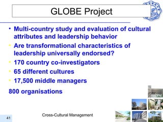 GLOBE Project
 • Multi-country study and evaluation of cultural
   attributes and leadership behavior
 • Are transformational characteristics of
   leadership universally endorsed?
 • 170 country co-investigators
 • 65 different cultures
 • 17,500 middle managers
 800 organisations


            Cross-Cultural Management
41
 