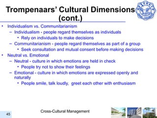 Trompenaars’ Cultural Dimensions
                 (cont.)
•   Individualism vs. Communitarianism
     – Individualism - people regard themselves as individuals
          • Rely on individuals to make decisions
     – Communitarianism - people regard themselves as part of a group
          • Seek consultation and mutual consent before making decisions
•   Neutral vs. Emotional
     – Neutral - culture in which emotions are held in check
          • People try not to show their feelings
     – Emotional - culture in which emotions are expressed openly and
        naturally
          • People smile, talk loudly, greet each other with enthusiasm




                    Cross-Cultural Management
    45
 