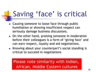 Saving ‘face’ is critical
 Causing someone to loose face through public
humiliation or showing insufficient respect can
seriously damage business discussions.
 On the other hand, praising someone in moderation
before their colleagues is a form of ‘giving face’ and
can earn respect, loyalty and aid negotiations.
 Knowing about your counterpart’s social standing is
critical to succeed in negotiations
30
Please note similarity with Indian,
African, Middle Eastern cultures
 
