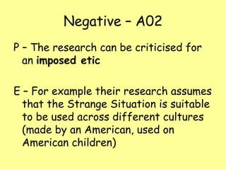 Negative – A02
P – The research can be criticised for
an imposed etic
E – For example their research assumes
that the Strange Situation is suitable
to be used across different cultures
(made by an American, used on
American children)

 