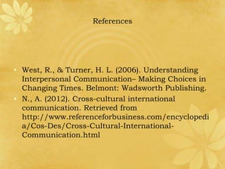 References




• West, R., & Turner, H. L. (2006). Understanding
  Interpersonal Communication– Making Choices in
  Changing Times. Belmont: Wadsworth Publishing.
• N., A. (2012). Cross-cultural international
  communication. Retrieved from
  http://www.referenceforbusiness.com/encyclopedi
  a/Cos-Des/Cross-Cultural-International-
  Communication.html
 