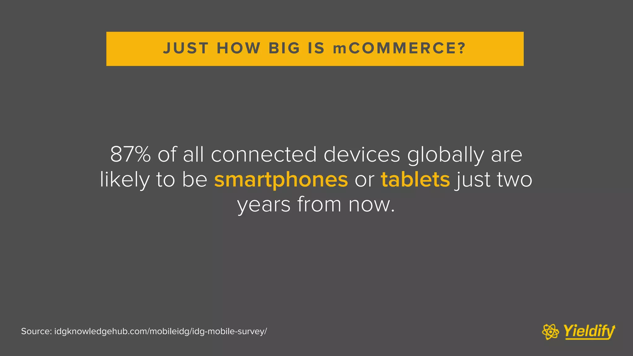 Source: idgknowledgehub.com/mobileidg/idg-mobile-survey/
87% of all connected devices globally are
likely to be smartphones or tablets just two
years from now.
JUST HOW BIG IS mCOMMERCE?
 