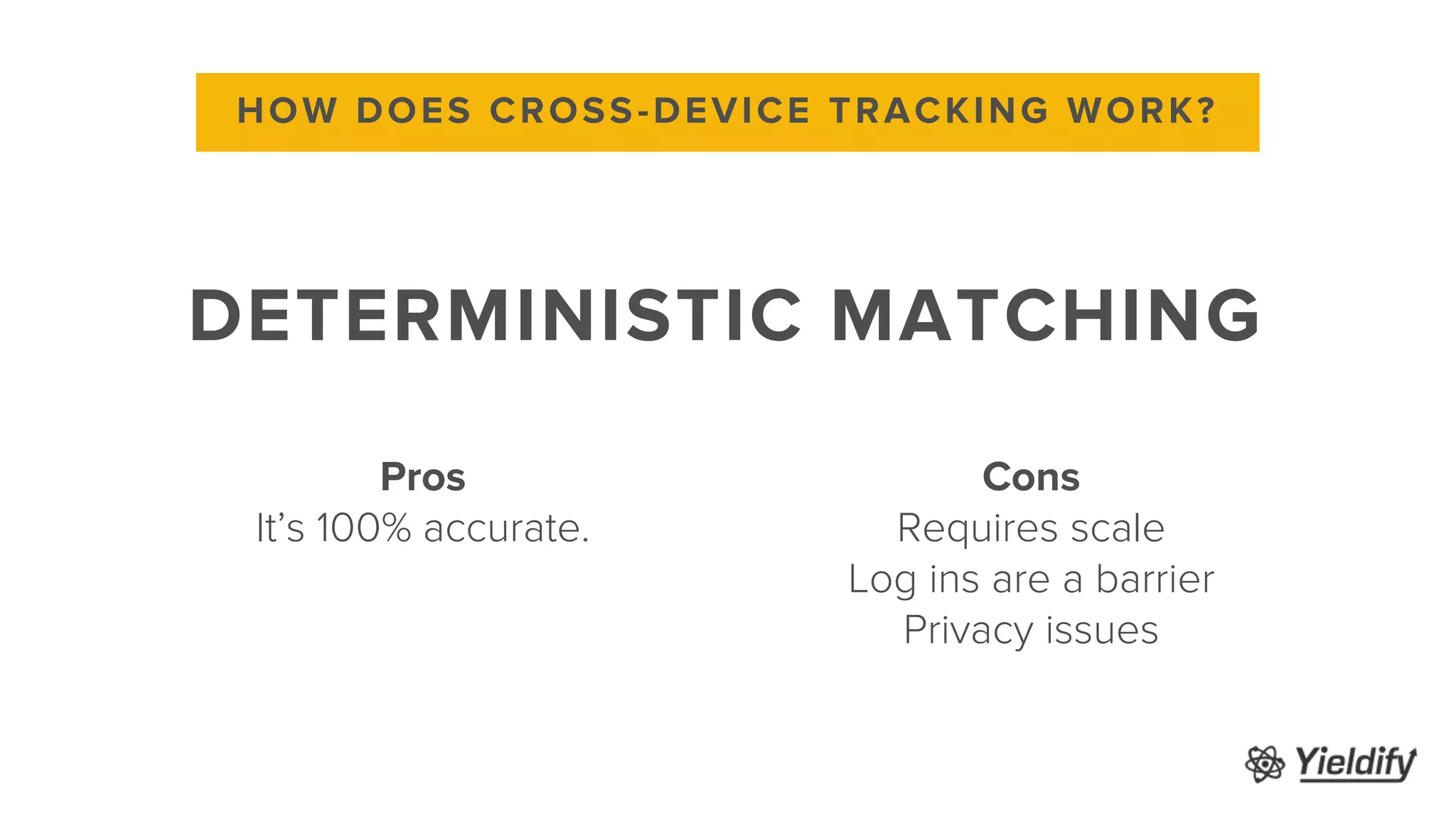 Cons
Requires scale
Log ins are a barrier
Privacy issues
HOW DOES CROSS-DEVICE TRACKING WORK?
DETERMINISTIC MATCHING
Pros
It’s 100% accurate.
 
