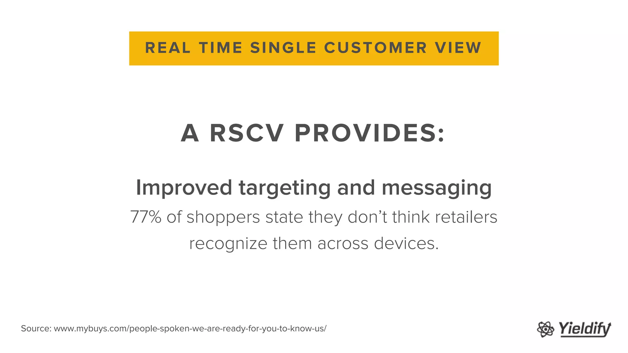 A RSCV PROVIDES:
REAL TIME SINGLE CUSTOMER VIEW
Improved targeting and messaging
77% of shoppers state they don’t think retailers
recognize them across devices.
Source: www.mybuys.com/people-spoken-we-are-ready-for-you-to-know-us/
 