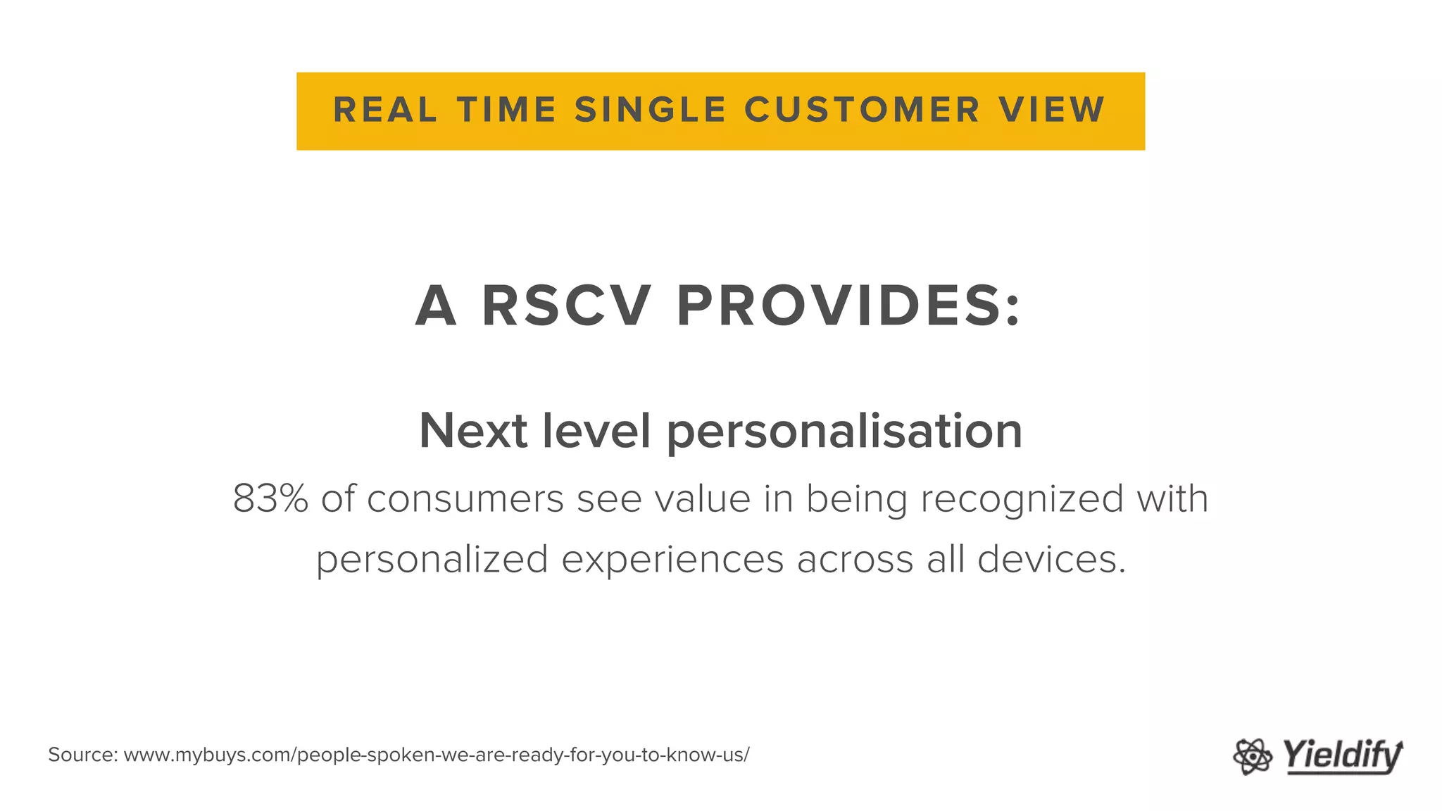 A RSCV PROVIDES:
REAL TIME SINGLE CUSTOMER VIEW
Next level personalisation
83% of consumers see value in being recognized with
personalized experiences across all devices.
Source: www.mybuys.com/people-spoken-we-are-ready-for-you-to-know-us/
 