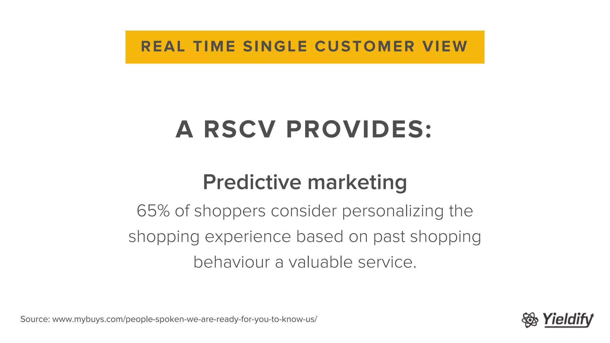A RSCV PROVIDES:
REAL TIME SINGLE CUSTOMER VIEW
Predictive marketing
65% of shoppers consider personalizing the
shopping experience based on past shopping
behaviour a valuable service.
Source: www.mybuys.com/people-spoken-we-are-ready-for-you-to-know-us/
 