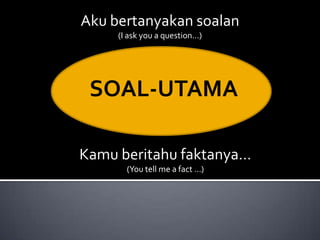 Aku bertanyakan soalan
     (I ask you a question…)




 SOAL-UTAMA

Kamu beritahu faktanya…
       (You tell me a fact …)
 