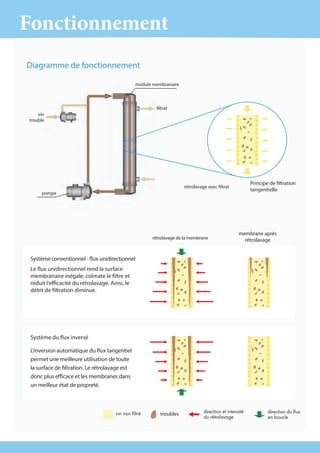 Fonctionnement
Diagramme de fonctionnement
vin non filtré
rétrolavage de la membrane
membrane après
rétrolavage
Principe de filtration
tangentielle
module membranaire
filtrat
rétrolavage avec filtrat
vin
trouble
pompe
direction et intensité
du rétrolavage 	
		
direction du flux
en boucle
Système conventionnel - flux unidirectionnel
Le flux unidirectionnel rend la surface
membranaire inégale, colmate le filtre et
réduit l‘efficacité du rétrolavage. Ainsi, le
débit de filtration diminue.
Système du flux inversé
L‘inversion automatique du flux tangentiel
permet une meilleure utilisation de toute
la surface de filtration. Le rétrolavage est
donc plus efficace et les membranes dans
un meilleur état de propreté.
troubles
 