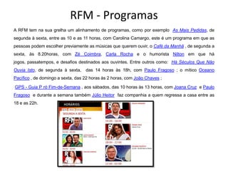 RFM - Programas
A RFM tem na sua grelha um alinhamento de programas, como por exemplo As Mais Pedidas, de
segunda à sexta, entre as 10 e as 11 horas, com Carolina Camargo, este é um programa em que as
pessoas podem escolher previamente as músicas que querem ouvir, o Café da Manhã , de segunda a
sexta, às 8.20horas, com Zé Coimbra, Carla Rocha e o humorista Nilton em que há
jogos, passatempos, e desafios destinados aos ouvintes. Entre outros como: Há Séculos Que Não
Ouvia Isto, de segunda à sexta,    das 14 horas às 18h, com Paulo Fragoso ; o mítico Oceano
Pacífico , de domingo a sexta, das 22 horas às 2 horas, com João Chaves ;

GPS - Guia P ró Fim-de-Semana , aos sábados, das 10 horas às 13 horas, com Joana Cruz e Paulo
Fragoso e durante a semana também Júlio Heitor faz companhia a quem regressa a casa entre as
18 e as 22h.
 