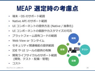 クロスプラットフォーム開発入門
• 端末・OS のサポート範囲
• Native API のサポート範囲
• UI コンポーネントの提供方法 (Native / 抽象化)
• UI コンポーネントの個数やカスタマイズの可否
• プラットフォーム固有コードの範囲
• Web View or ランタイム
• セキュリティ関連機能の提供範囲
• IDE や UI ツールの提供の有無
• 開発ライフサイクルのサポート範囲
(開発、テスト・配備・管理)
• コスト
開発
テスト
配備
管理
MEAP 選定時の考慮点
28
 