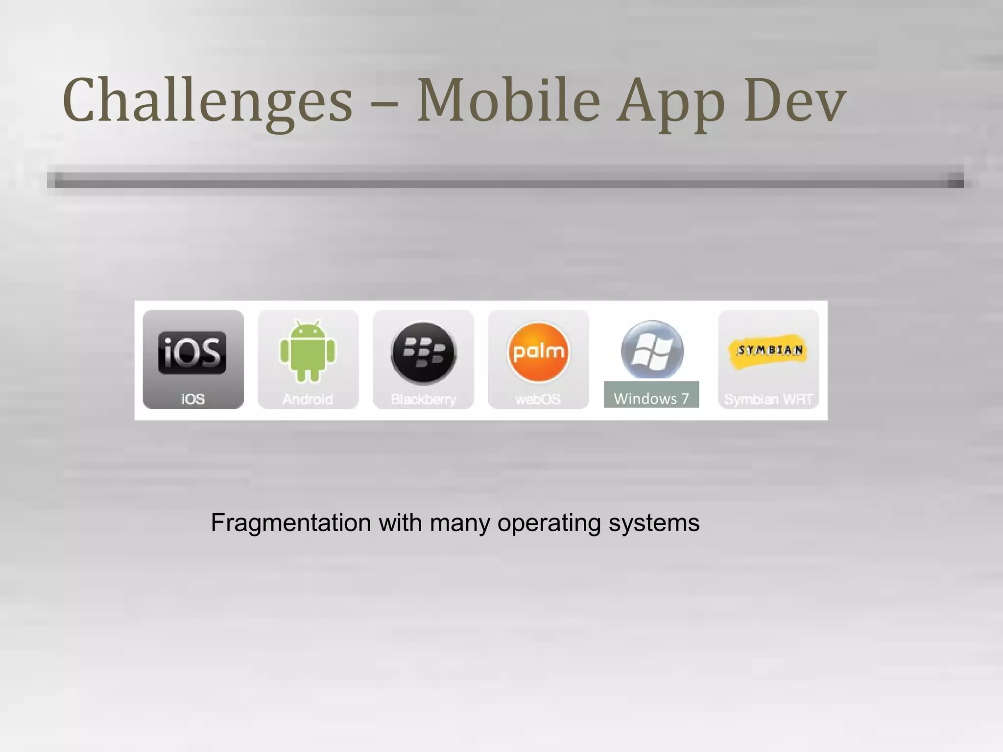 Challenges – Mobile App Dev
Windows 7
Fragmentation with many operating systems
 