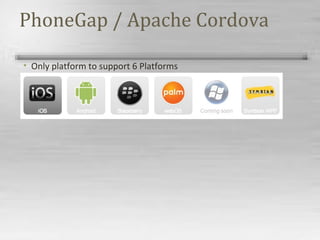 PhoneGap / Apache Cordova
• Only platform to support 6 Platforms
 