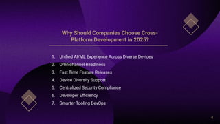 Why Should Companies Choose Cross-
Platform Development in 2025?
1. Unified AI/ML Experience Across Diverse Devices
2. Omnichannel Readiness
3. Fast Time Feature Releases
4. Device Diversity Support
5. Centralized Security Compliance
6. Developer Efficiency
7. Smarter Tooling DevOps
4
 