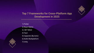 Top 7 Frameworks for Cross-Platform App
Development in 2025
1) Flutter
2) React Native
3) .NET MAUI
4) Tauri
5) Capacitor (By Ionic)
6) Kotlin Multiplatform
7) Unity
5
 