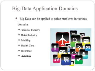 Big-Data Application Domains
 Big Data can be applied to solve problems in various
domains
Financial Industry
 Retail Industry
 Mobility
 Health Care
 Insurance
 Aviation
 