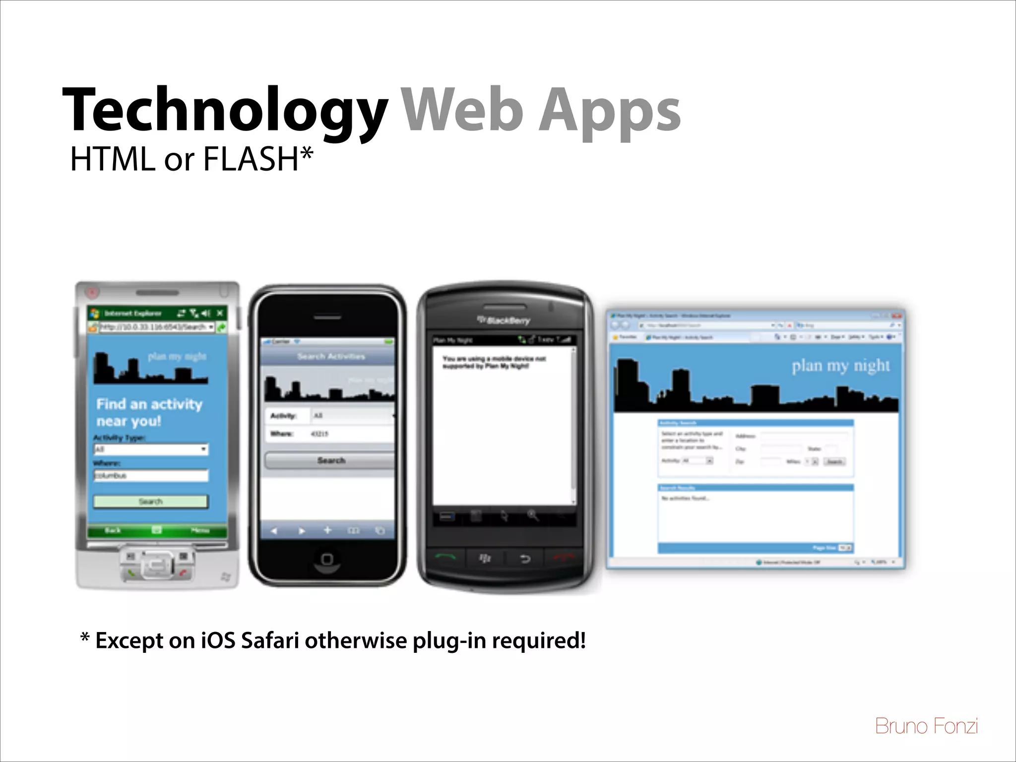Technology Web Apps
HTML or FLASH*

* Except on iOS Safari otherwise plug-in required!
Bruno Fonzi

 