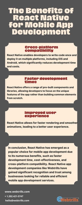 The Benefits of
React Native
for Mobile App
Development
@REALLYGREATSITE
Contact Us
Cross-platform
compatibility
React Native enables developers to write code once and
deploy it on multiple platforms, including iOS and
Android, which significantly reduces development time
and costs.
Improved user
experience
React Native allows for faster rendering and smoother
animations, leading to a better user experience.
Faster development
times
React Native offers a range of pre-built components and
libraries, allowing developers to focus on the unique
features of the app rather than building common elements
from scratch.
In conclusion, React Native has emerged as a
popular choice for mobile app development due
to its numerous benefits, such as faster
development time, cost-effectiveness, and
cross-platform compatibility. React Native app
development companies like Webtrills have
gained significant recognition and trust among
businesses looking for reliable and efficient
mobile app development services.
hello@webtrills.com
www.webtrills.com
+ 1.202.421-5747
 
