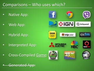 Comparisons – Who uses which?
• Native App:
• Web App:
• Hybrid App:
• Interpreted App:
• Cross-Compiled Game:
• Generated App:
 