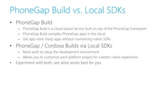 PhoneGap Build vs. Local SDKs
• PhoneGap Build
– PhoneGap Build is a cloud-based service built on top of the PhoneGap framework
– PhoneGap Build compiles PhoneGap apps in the cloud
– Get app-store ready apps without maintaining native SDKs
• PhoneGap / Cordova Builds via Local SDKs
– More work to setup the development environment
– Allows you to customize each platform project for a better native experience
• Experiment with both, see what works best for you
 