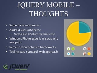 JQUERY MOBILE –
THOUGHTS
• Some UX compromises
• Android uses iOS theme
– Android and iOS share the same code
• Windows Phone experience was very
was poor
• Some friction between frameworks
• Tooling was ‘standard’ web approach
 