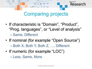 Comparing projects
• If characteristic is “Domain”, “Product”,
  “Prog. languages”, or “Level of analysis”
  – Same, Different
• If nominal (for example “Open Source”)
  – Both X, Both Y, Both Z, …, Different
• If numeric (for example “LOC”)
  – Less, Same, More

                      © Microsoft Corporation
 