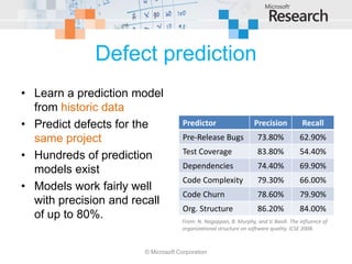 Defect prediction
• Learn a prediction model
  from historic data
• Predict defects for the           Predictor                     Precision           Recall
  same project                      Pre-Release Bugs               73.80%            62.90%
                                    Test Coverage                  83.80%            54.40%
• Hundreds of prediction
                                    Dependencies                   74.40%            69.90%
  models exist
                                    Code Complexity                79.30%            66.00%
• Models work fairly well
                                    Code Churn                     78.60%            79.90%
  with precision and recall
                                    Org. Structure                 86.20%            84.00%
  of up to 80%.                     From: N. Nagappan, B. Murphy, and V. Basili. The influence of
                                    organizational structure on software quality. ICSE 2008.



                       © Microsoft Corporation
 