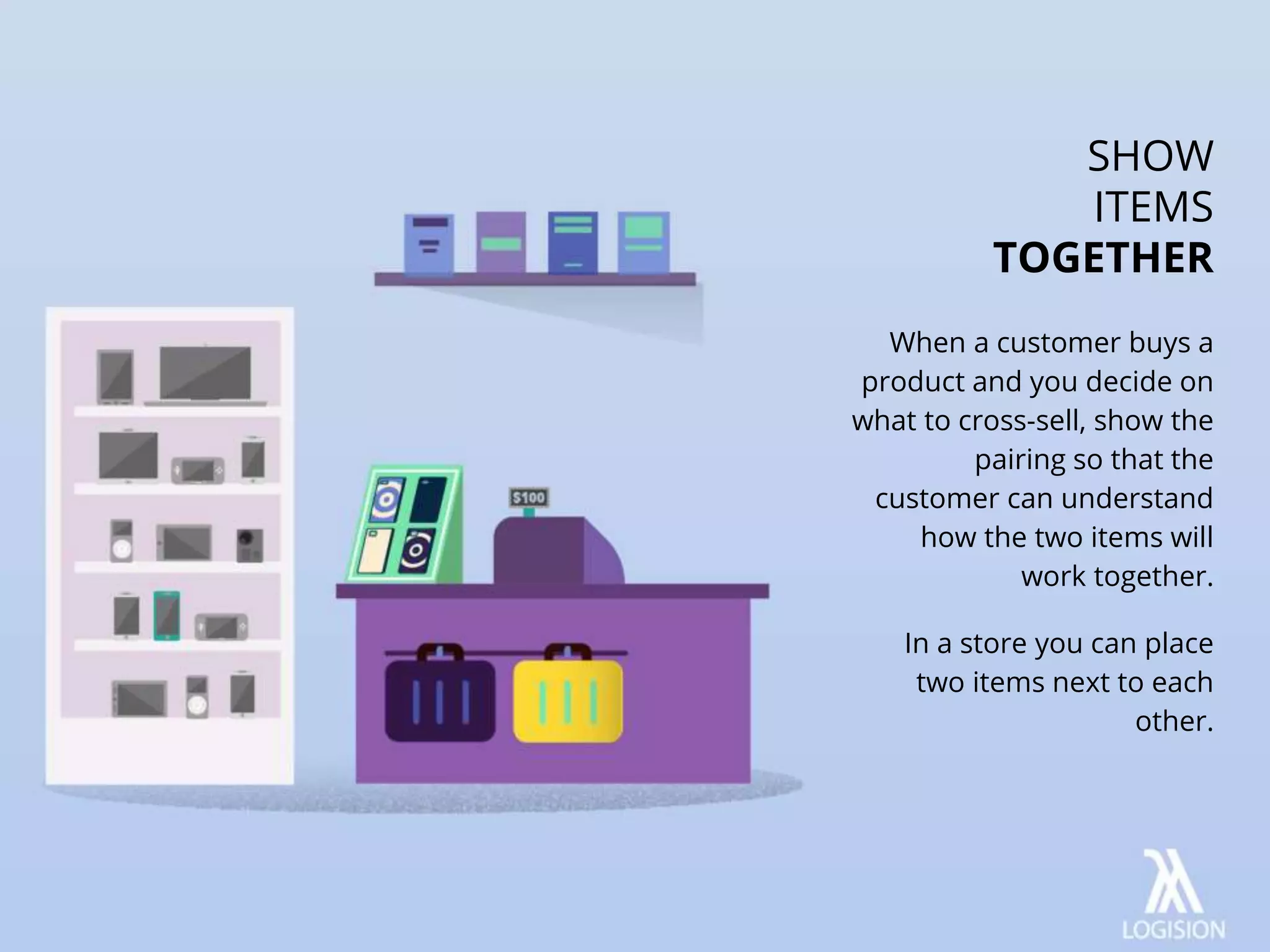 When a customer buys a
product and you decide on
what to cross-sell, show the
pairing so that the
customer can understand
how the two items will
work together.
In a store you can place
two items next to each
other.
SHOW
ITEMS
TOGETHER
 