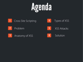 Agenda
1
3
2
1 4Cross Site Scripting
Problem
Anatomy of XSS
Types of XSS
5 XSS Attacks
6 Solution
 