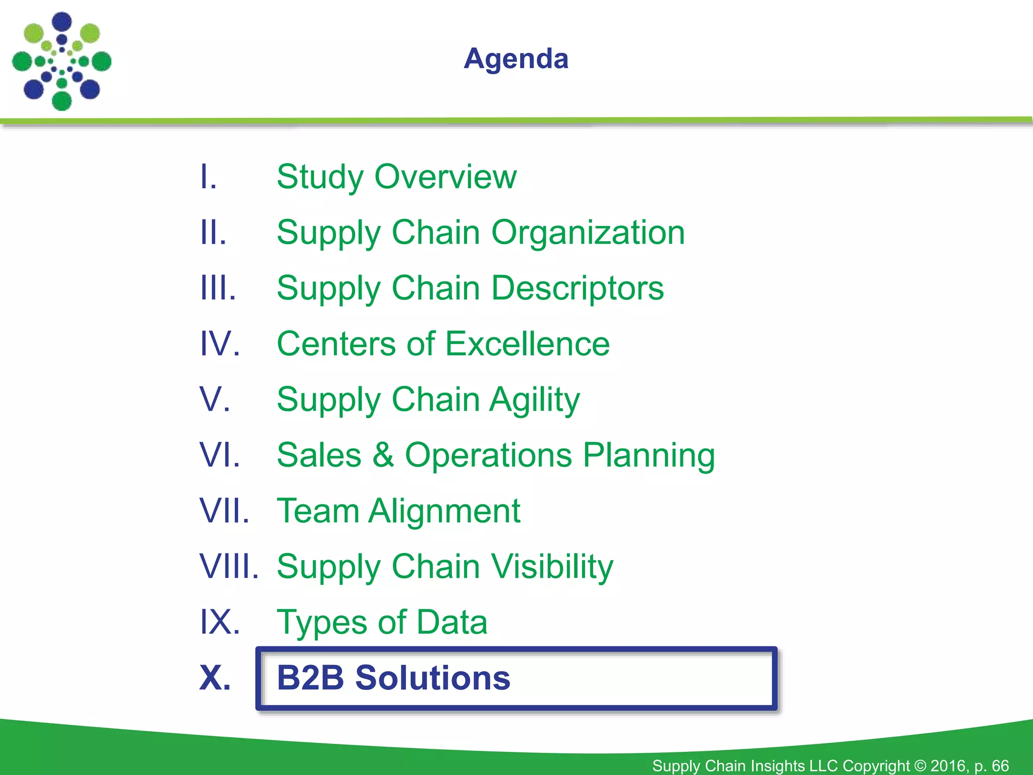 Supply Chain Insights LLC Copyright © 2016, p. 66
Agenda
I. Study Overview
II. Supply Chain Organization
III. Supply Chain Descriptors
IV. Centers of Excellence
V. Supply Chain Agility
VI. Sales & Operations Planning
VII. Team Alignment
VIII. Supply Chain Visibility
IX. Types of Data
X. B2B Solutions
 