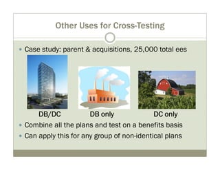 Other Uses for Cross-Testing 
y Case study: parent & acquisitions, 25,000 total ees 
DB/DC DB only DC only 
y Combine all the plans and test on a benefits basis 
y Can apply this for any group of non-identical plans 
 