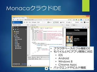 アプリ開発の可能性を広げるプラットフォーム
MonacaクラウドIDE
• ブラウザベースのフル機能IDE
• モバイルとPCアプリ開発に対応
• iOS
• Android
• Windows 8
• Chrome Apps
• バックエンドやビルド機能
 