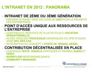 L’INTRANET EN 2012 : PANORAMA

  INTRANET DE 2ÈME OU 3ÈME GÉNÉRATION
      PREMIER INTRANET MISE EN LIGNE EN 2000 POUR LA ...