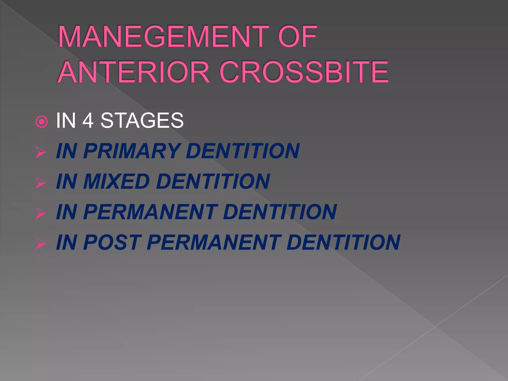  IN 4 STAGES
 IN PRIMARY DENTITION
 IN MIXED DENTITION
 IN PERMANENT DENTITION
 IN POST PERMANENT DENTITION
 