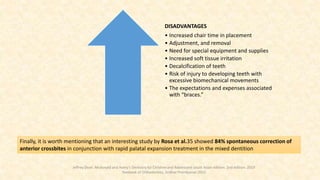 Finally, it is worth mentioning that an interesting study by Rosa et al.35 showed 84% spontaneous correction of
anterior crossbites in conjunction with rapid palatal expansion treatment in the mixed dentition
DISADVANTAGES
• Increased chair time in placement
• Adjustment, and removal
• Need for special equipment and supplies
• Increased soft tissue irritation
• Decalcification of teeth
• Risk of injury to developing teeth with
excessive biomechanical movements
• The expectations and expenses associated
with “braces.”
Jeffrey Dean. Mcdonald and Avery’s Dentistry for Children and Adolescent south Asian edition. 2nd edition. 2019
Textbook of Orthodontics, Sridhar Premkumar:2015
 