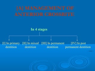[A] MANAGEMENT OF
         ANTERIOR CROSSBITE

                     In 4 stages


[I] In primary [II] In mixed [III] In permanent     [IV] In post
   dentition     dentition        dentition     permanent dentition
 