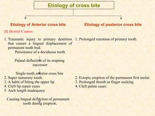 Etiology of cross bite


    Etiology of Anterior cross bite               Etiology of posterior cross bite
[I] Dental Causes

1. Traumatic injury to primary dentition 1. Prolonged retention of primary tooth.
   that causes a lingual displacement of
   permanent tooth bud.
        Persistance of a deciduous tooth

       Palatal deflection of its erupting
                   successor

        Single tooth anterior cross bite
2. Super numerary tooth.                    2. Ectopic eruption of the permanent first molar.
3. A habit of biting the upper lip          3. Prolonged thumb or finger sucking.
4. Cleft lip repair cases                   4. Cleft palate cases.
5. Arch length inadequacy

 Causing lingual deflection of permanent
           tooth during eruption.
 