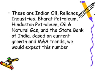 • These are Indian Oil, Reliance
  Industries, Bharat Petroleum,
  Hindustan Petroleum, Oil &
  Natural Gas, and the State Bank
  of India. Based on current
  growth and M&A trends, we
  would expect this number
 
