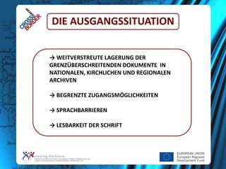 DIE AUSGANGSSITUATION
→ WEITVERSTREUTE LAGERUNG DER
GRENZÜBERSCHREITENDEN DOKUMENTE IN
NATIONALEN, KIRCHLICHEN UND REGIONALEN
ARCHIVEN
→ BEGRENZTE ZUGANGSMÖGLICHKEITEN
→ SPRACHBARRIEREN
→ LESBARKEIT DER SCHRIFT

 