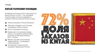 ТРЕНДЫ
китай укрепляет позиции
Китайский ecommerce в 2014 году пришел на
рынок России, а в 2015 – стал ключевым
игроком среди остальных зарубежных
интернет-гигантов, включая Amazon и Ebay.
72%
из китая
доля
заказов
Источник: Data Insight, Российский e-commerce. Годовой отчет 2014
Alibaba запускает в России AliExpress
JD.com запускается в России
AliExpress попадает в топ-10 самых
посещаемых сайтов в Рунете
Первое место по валовому объему
покупок и количеству заказов в День
холостяка на AliExpress заняла в
2015 г. Россия.
Меняют под себя логистическую
инфраструктуру – соглашение с
«Почтой России»
Соглашение о строительстве
складских терминалов в России
 