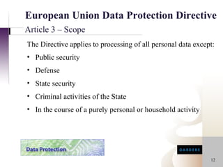 European Union Data Protection Directive
Article 3 – Scope
The Directive applies to processing of all personal data except:
• Public security
• Defense
• State security
• Criminal activities of the State
• In the course of a purely personal or household activity




                                                              12
 