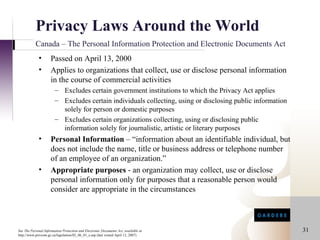 Privacy Laws Around the World
           Canada – The Personal Information Protection and Electronic Documents Act
             •       Passed on April 13, 2000
             •       Applies to organizations that collect, use or disclose personal information
                     in the course of commercial activities
                        – Excludes certain government institutions to which the Privacy Act applies
                        – Excludes certain individuals collecting, using or disclosing public information
                          solely for person or domestic purposes
                        – Excludes certain organizations collecting, using or disclosing public
                          information solely for journalistic, artistic or literary purposes
             •       Personal Information – “information about an identifiable individual, but
                     does not include the name, title or business address or telephone number
                     of an employee of an organization.”
             •       Appropriate purposes - an organization may collect, use or disclose
                     personal information only for purposes that a reasonable person would
                     consider are appropriate in the circumstances




See The Personal Information Protection and Electronic Documents Act, available at                          31
http://www.privcom.gc.ca/legislation/02_06_01_e.asp (last visited April 12, 2007)
 