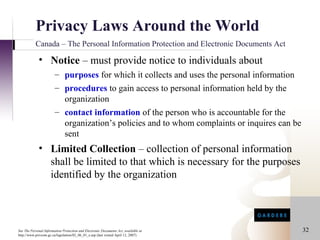 Privacy Laws Around the World
           Canada – The Personal Information Protection and Electronic Documents Act

             • Notice – must provide notice to individuals about
                        – purposes for which it collects and uses the personal information
                        – procedures to gain access to personal information held by the
                          organization
                        – contact information of the person who is accountable for the
                          organization’s policies and to whom complaints or inquires can be
                          sent
             • Limited Collection – collection of personal information
               shall be limited to that which is necessary for the purposes
               identified by the organization




See The Personal Information Protection and Electronic Documents Act, available at            32
http://www.privcom.gc.ca/legislation/02_06_01_e.asp (last visited April 12, 2007)
 