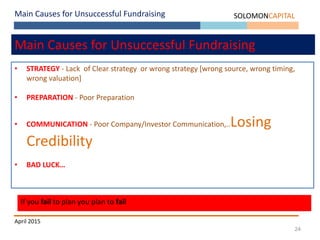24
Main Causes for Unsuccessful Fundraising SOLOMONCAPITAL
April 2015
Main Causes for Unsuccessful Fundraising
• STRATEGY - Lack of Clear strategy or wrong strategy [wrong source, wrong timing,
wrong valuation]
• PREPARATION - Poor Preparation
• COMMUNICATION - Poor Company/Investor Communication,..Losing
Credibility
• BAD LUCK…
If you fail to plan you plan to fail
 