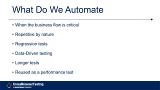 What Do We Automate
• When the business flow is critical
• Repetitive by nature
• Regression tests
• Data-Driven testing
•...