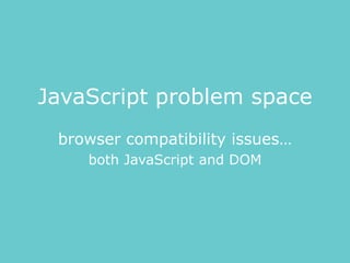 JavaScript problem space
browser compatibility issues…
both JavaScript and DOM
 