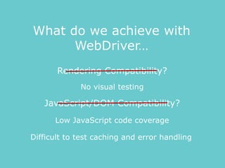 No visual testing
Low JavaScript code coverage
Rendering Compatibility?
JavaScript/DOM Compatibility?
What do we achieve with
WebDriver…
Difficult to test caching and error handling
 