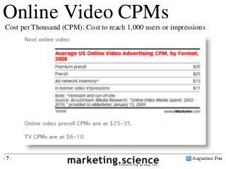 Online Video CPMs
Cost per Thousand (CPM): Cost to reach 1,000 users or impressions
Augustine Fou- 7 -
 