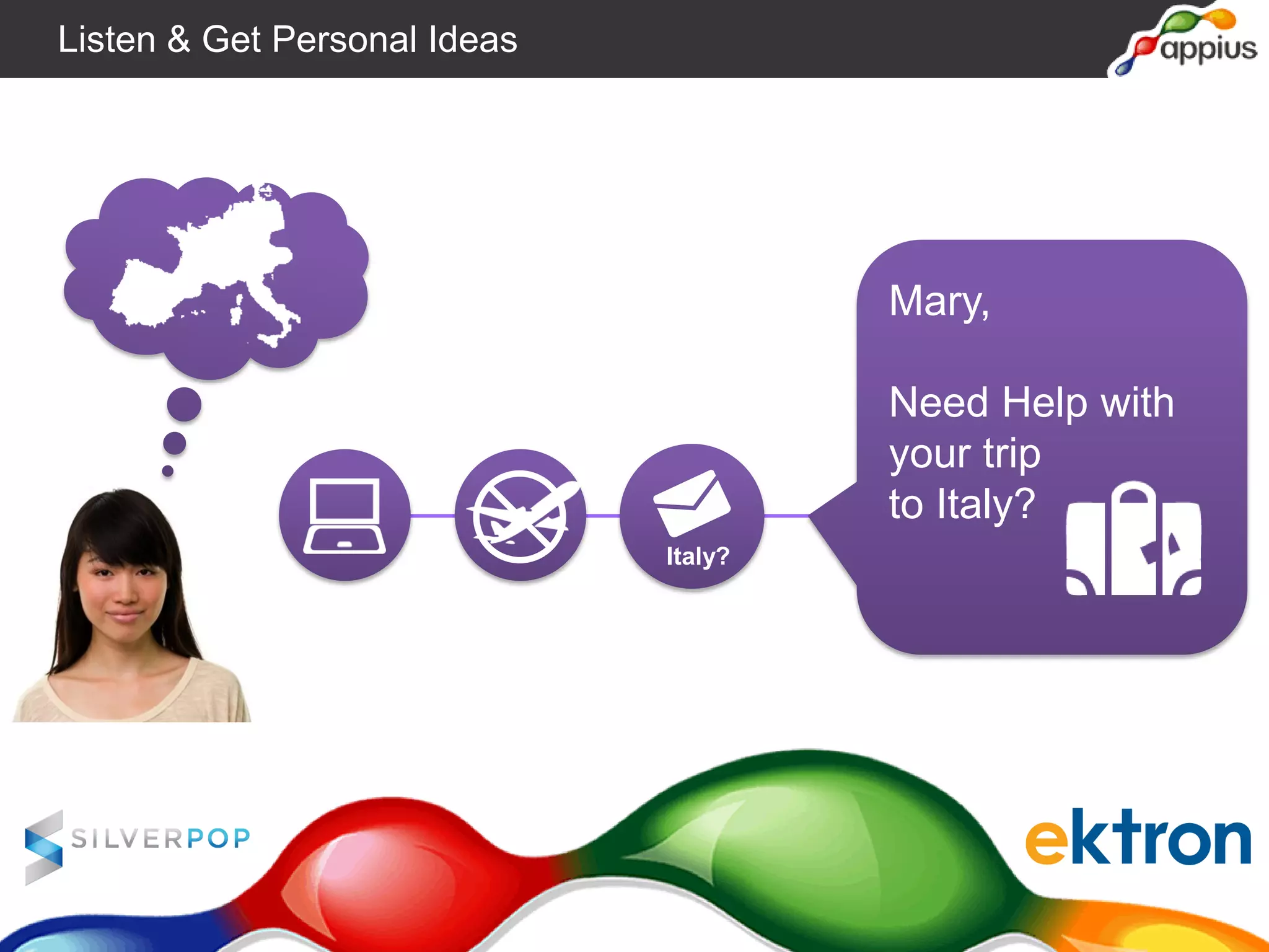 Mary,
Need Help with
your trip
to Italy?
Italy?
Listen & Get Personal Ideas
 