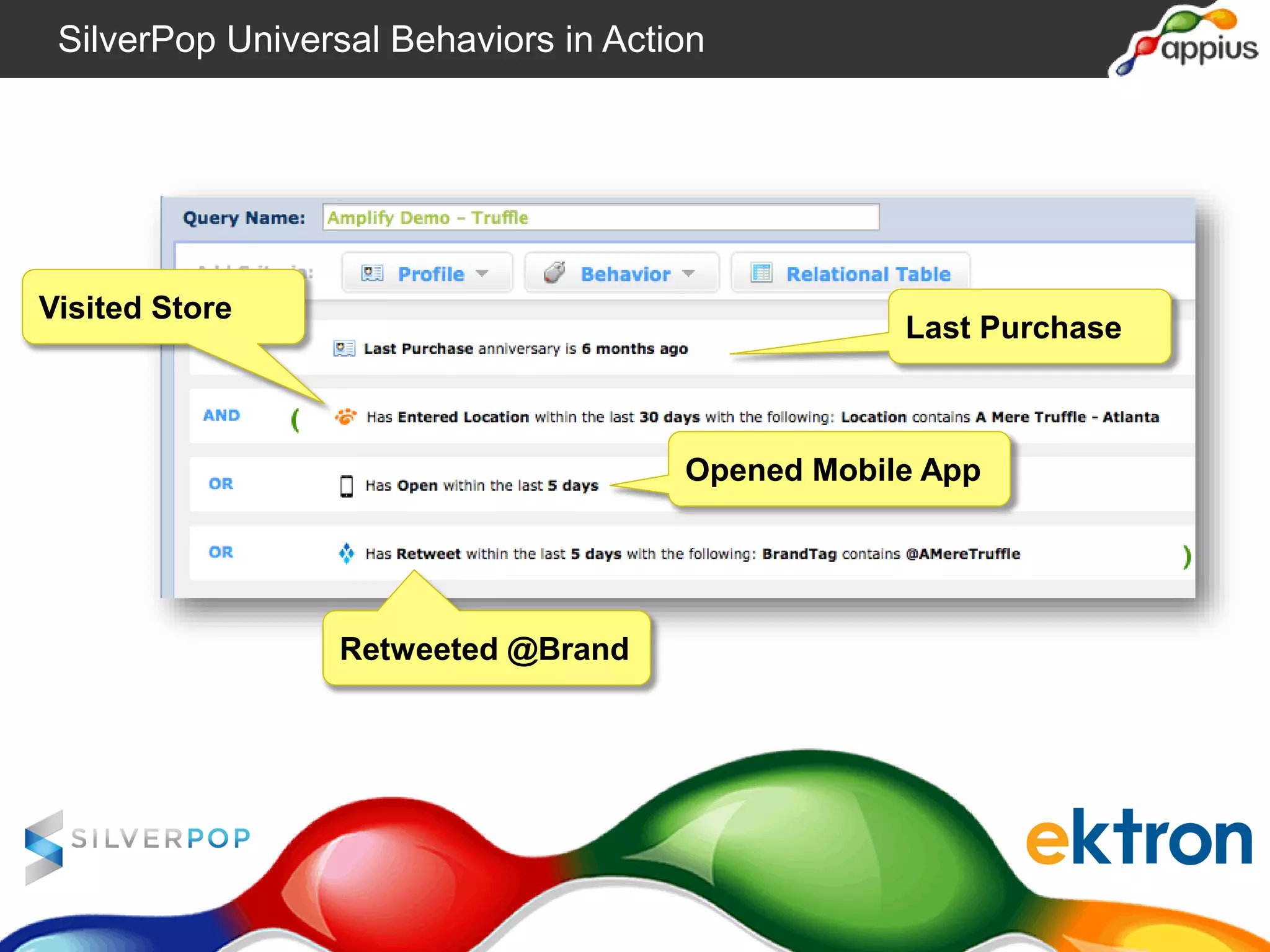 Last Purchase
Visited Store
Opened Mobile App
Retweeted @Brand
SilverPop Universal Behaviors in Action
 